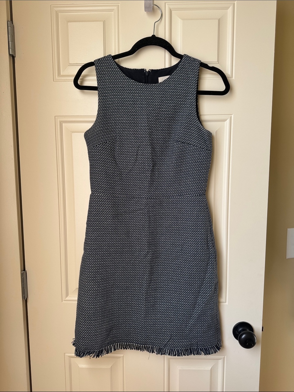 LOFT Navy and White Textured Fringe-Hem Sheath Dress